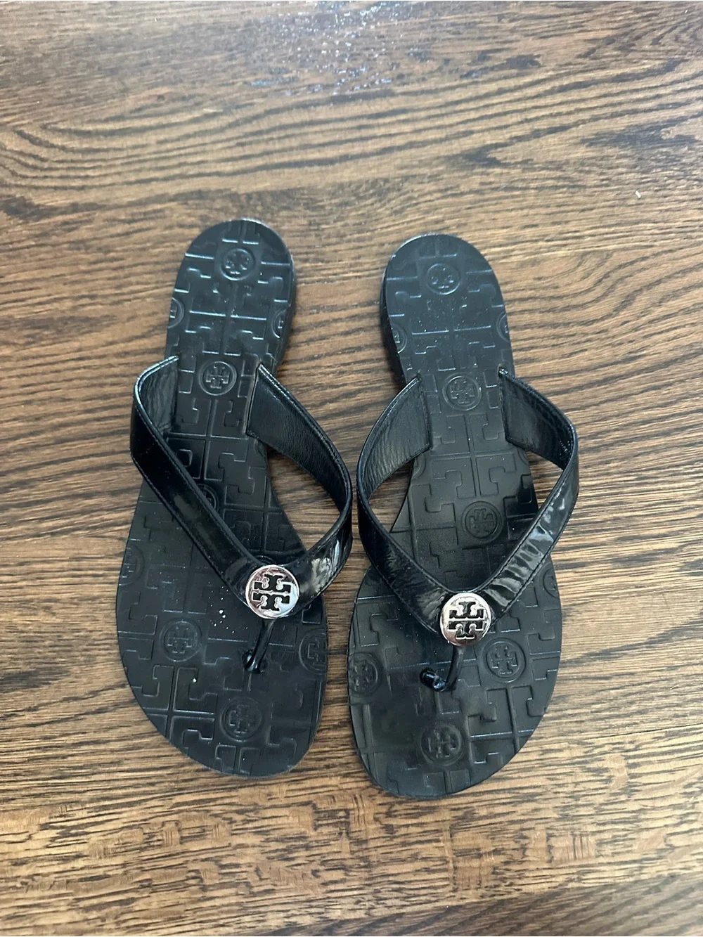 Tory Burch Black Patent Logo Thong Sandals